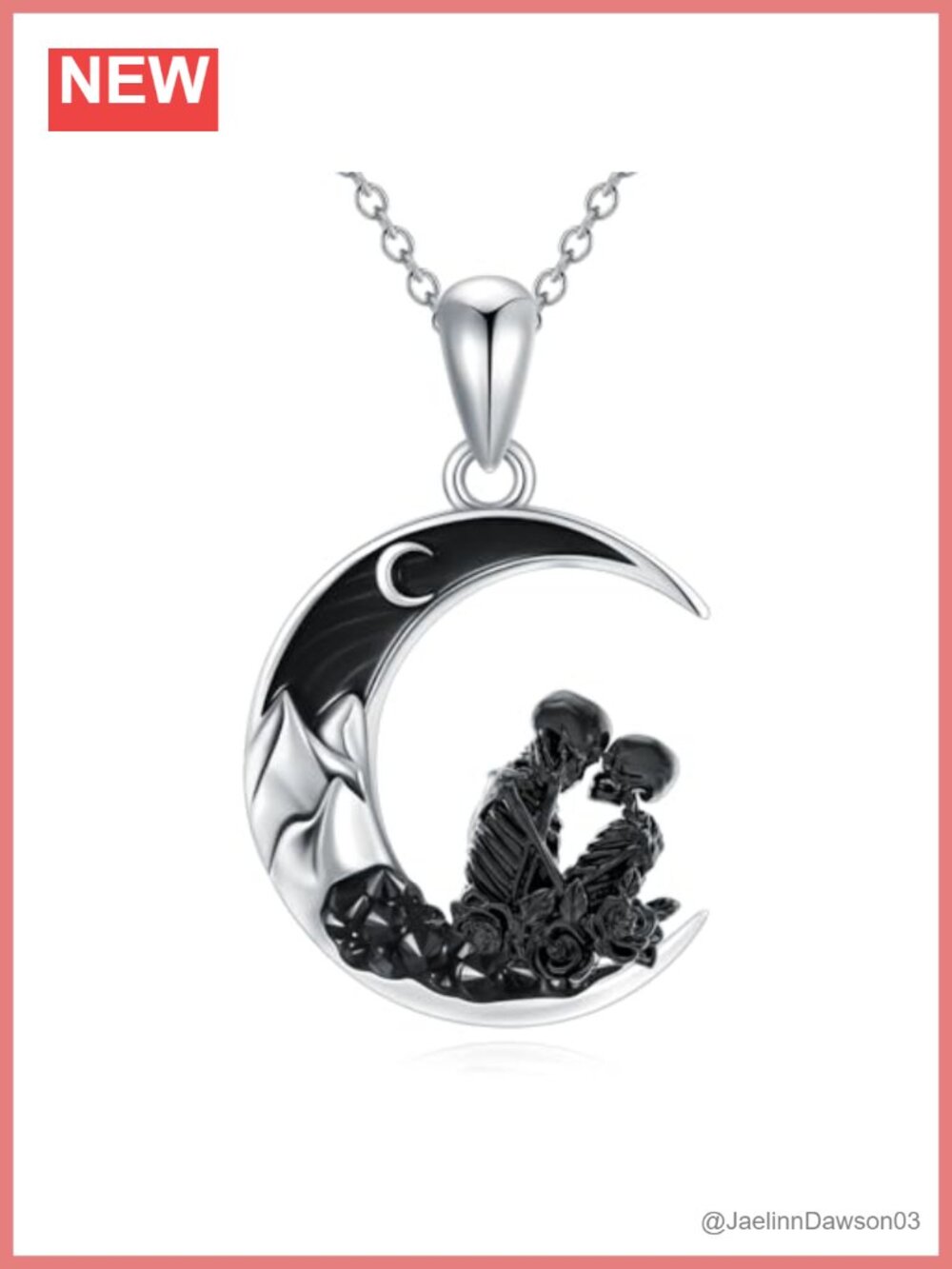 925 Sterling Silver Gothic Skull Couple Moon Pendant Necklace 18+2 Inch
